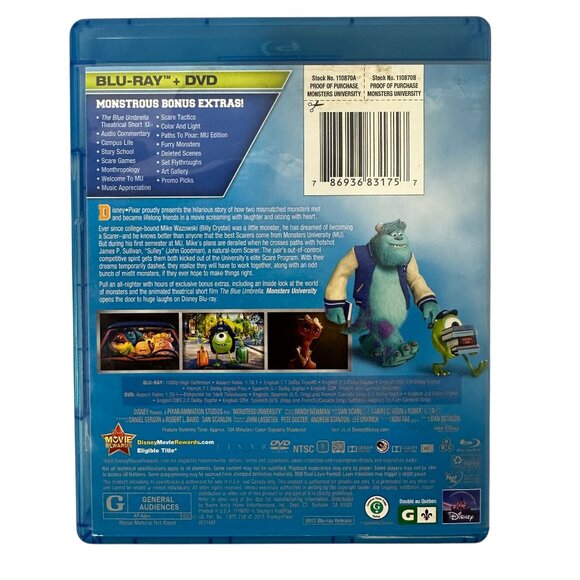 Monsters University Blu Ray DVD Disney Pixar G Rated 2013 Billy Crystal Animated - Picture 2 of 8